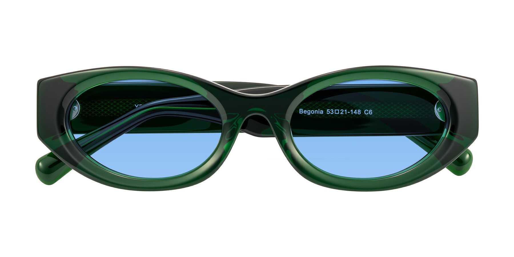 Folded Front of Begonia in Deep Crystal Green with Medium Blue Tinted Lenses