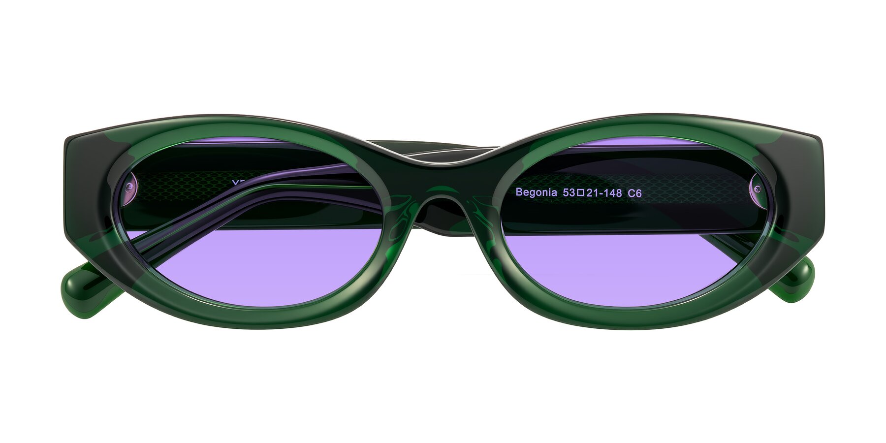 Folded Front of Begonia in Deep Crystal Green with Medium Purple Tinted Lenses