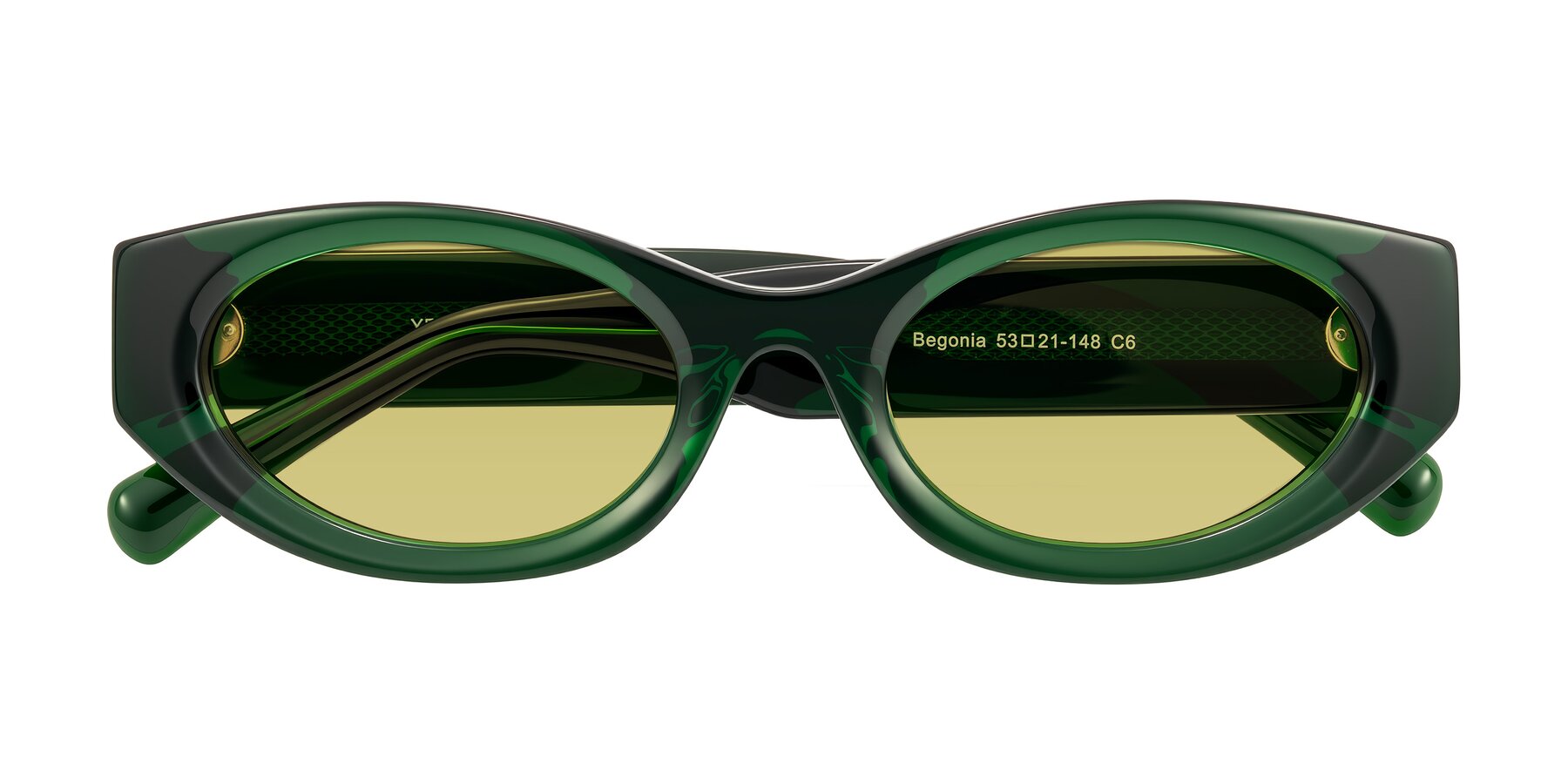 Folded Front of Begonia in Deep Crystal Green with Medium Champagne Tinted Lenses