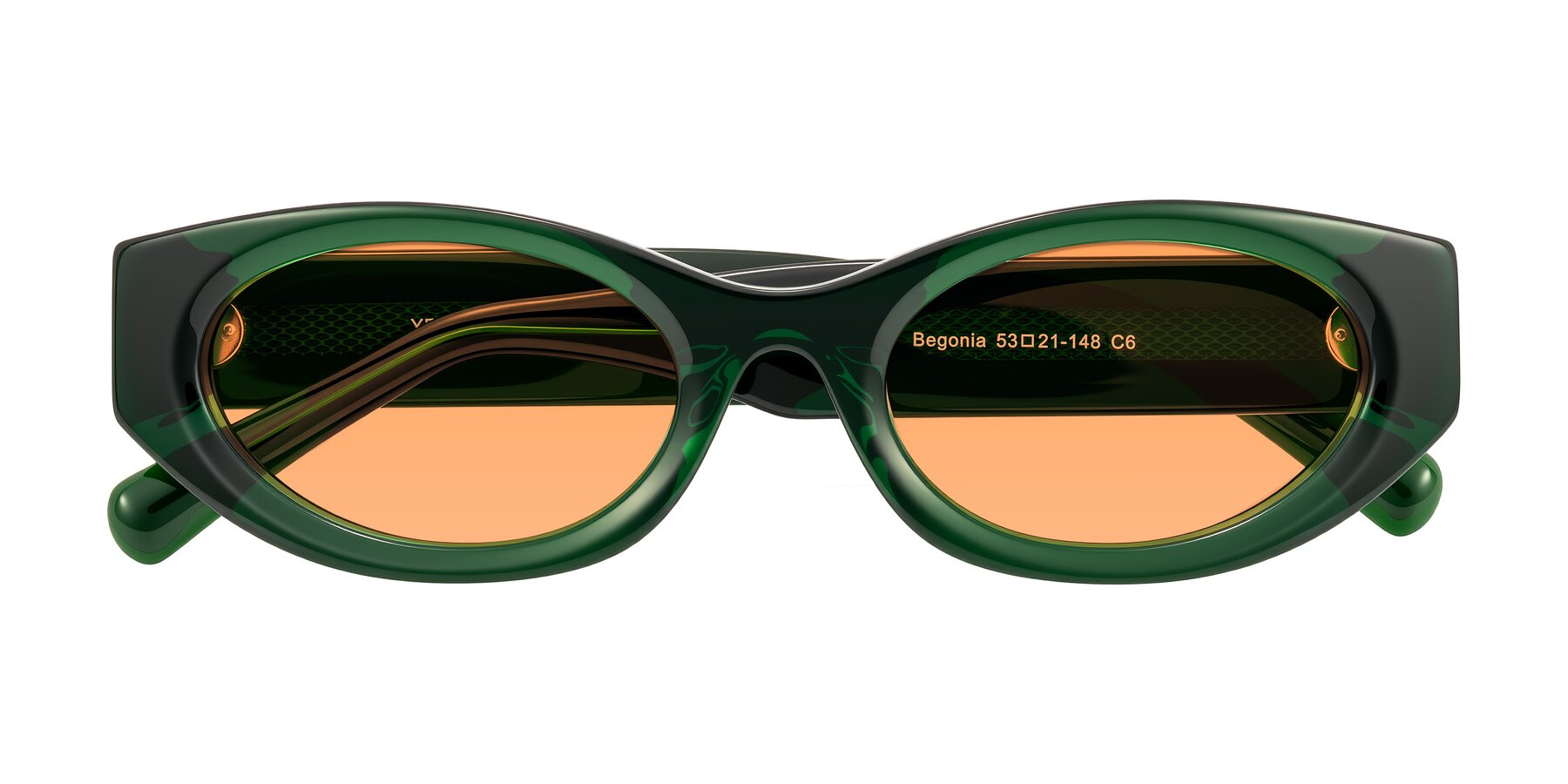 Folded Front of Begonia in Deep Crystal Green with Medium Orange Tinted Lenses