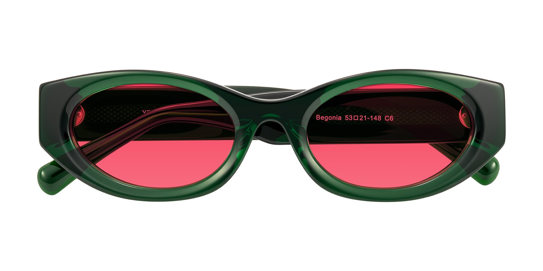 Folded Front of Begonia in Deep Crystal Green with Red Tinted Lenses