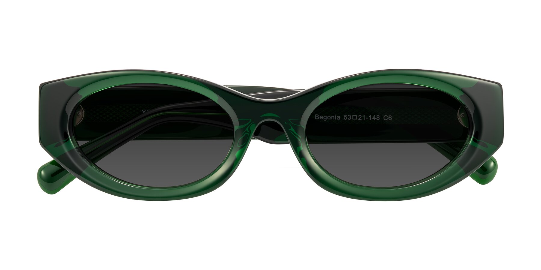 Folded Front of Begonia in Deep Crystal Green with Gray Tinted Lenses