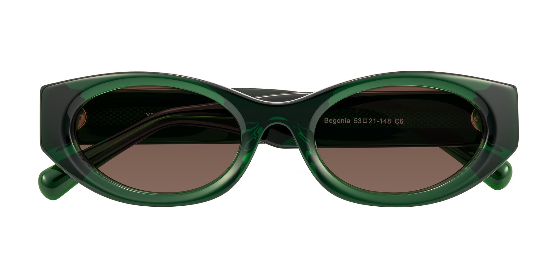 Folded Front of Begonia in Deep Crystal Green with Brown Tinted Lenses