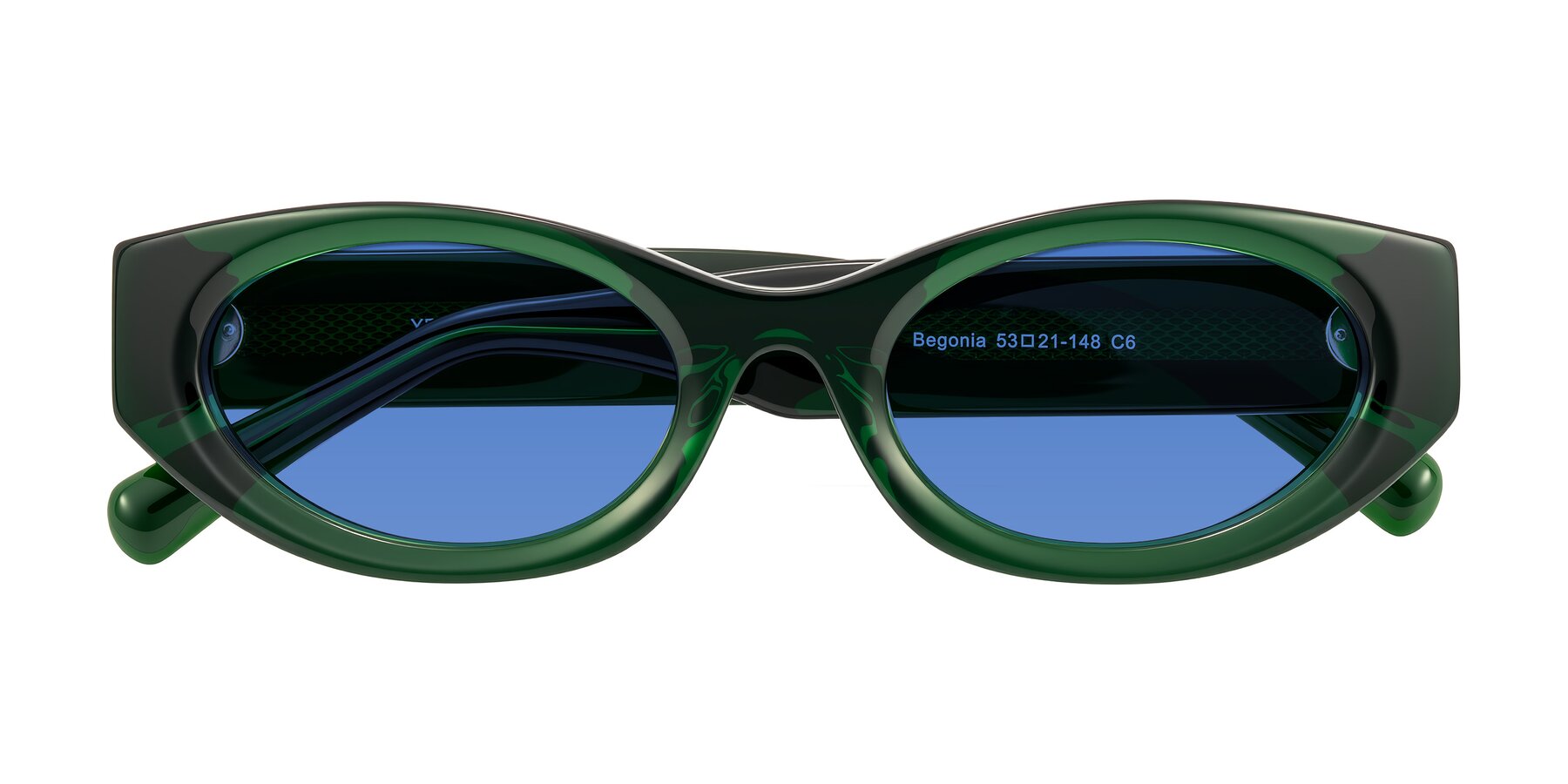 Folded Front of Begonia in Deep Crystal Green with Blue Tinted Lenses