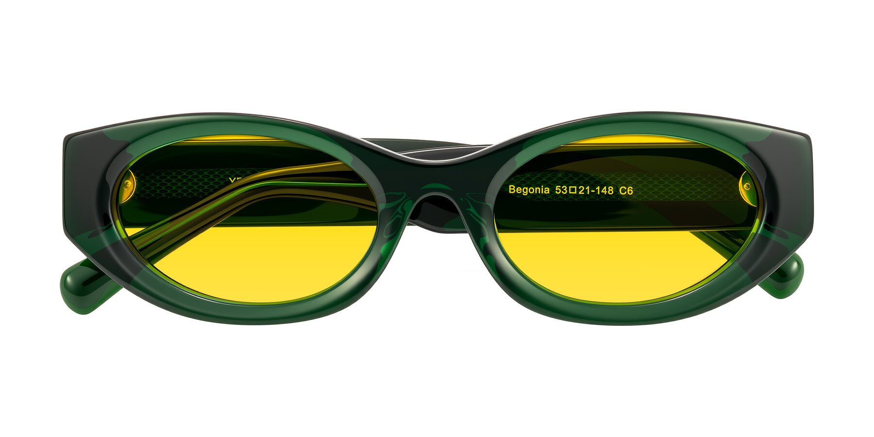 Folded Front of Begonia in Deep Crystal Green with Yellow Tinted Lenses