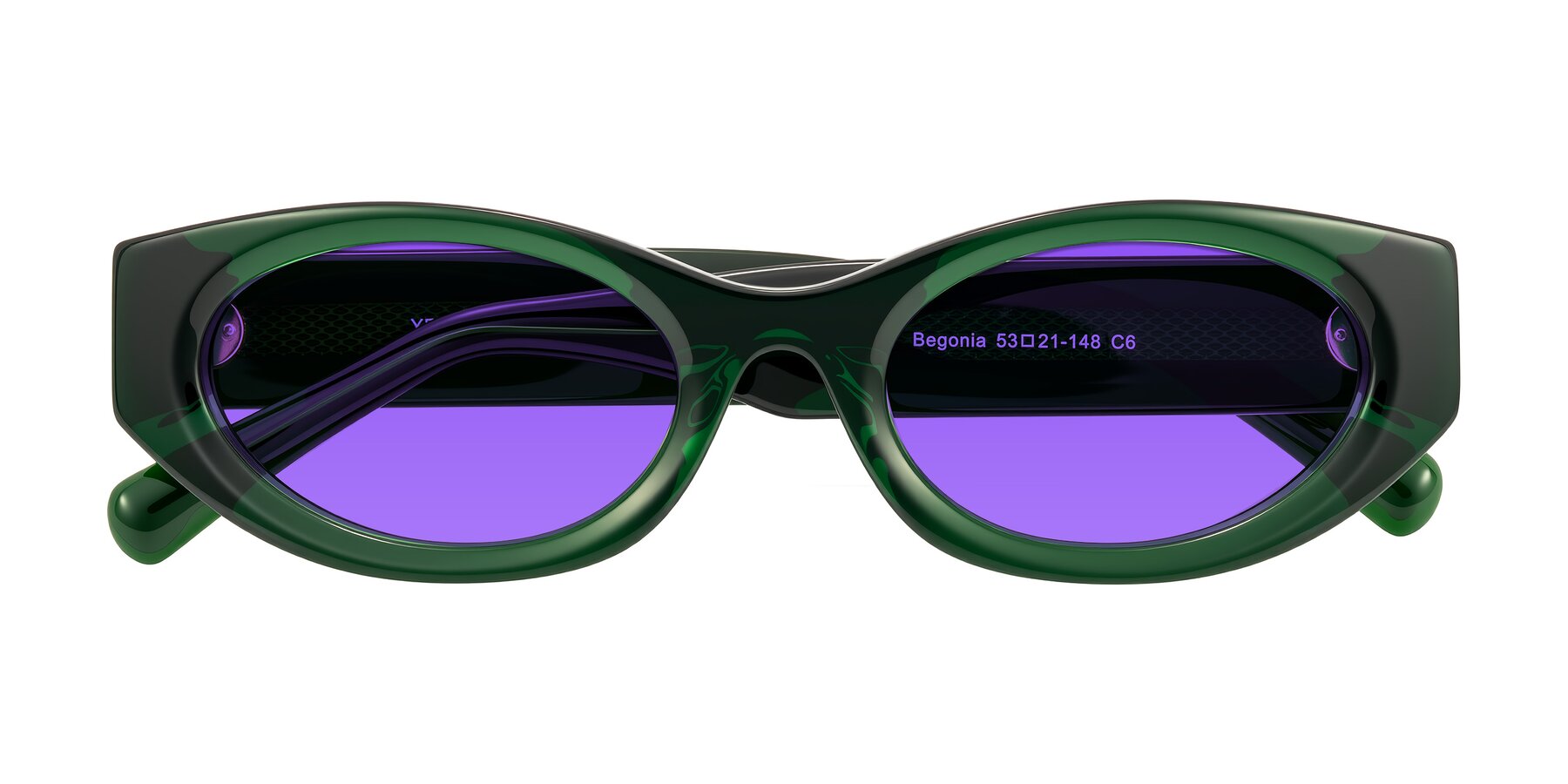 Folded Front of Begonia in Deep Crystal Green with Purple Tinted Lenses