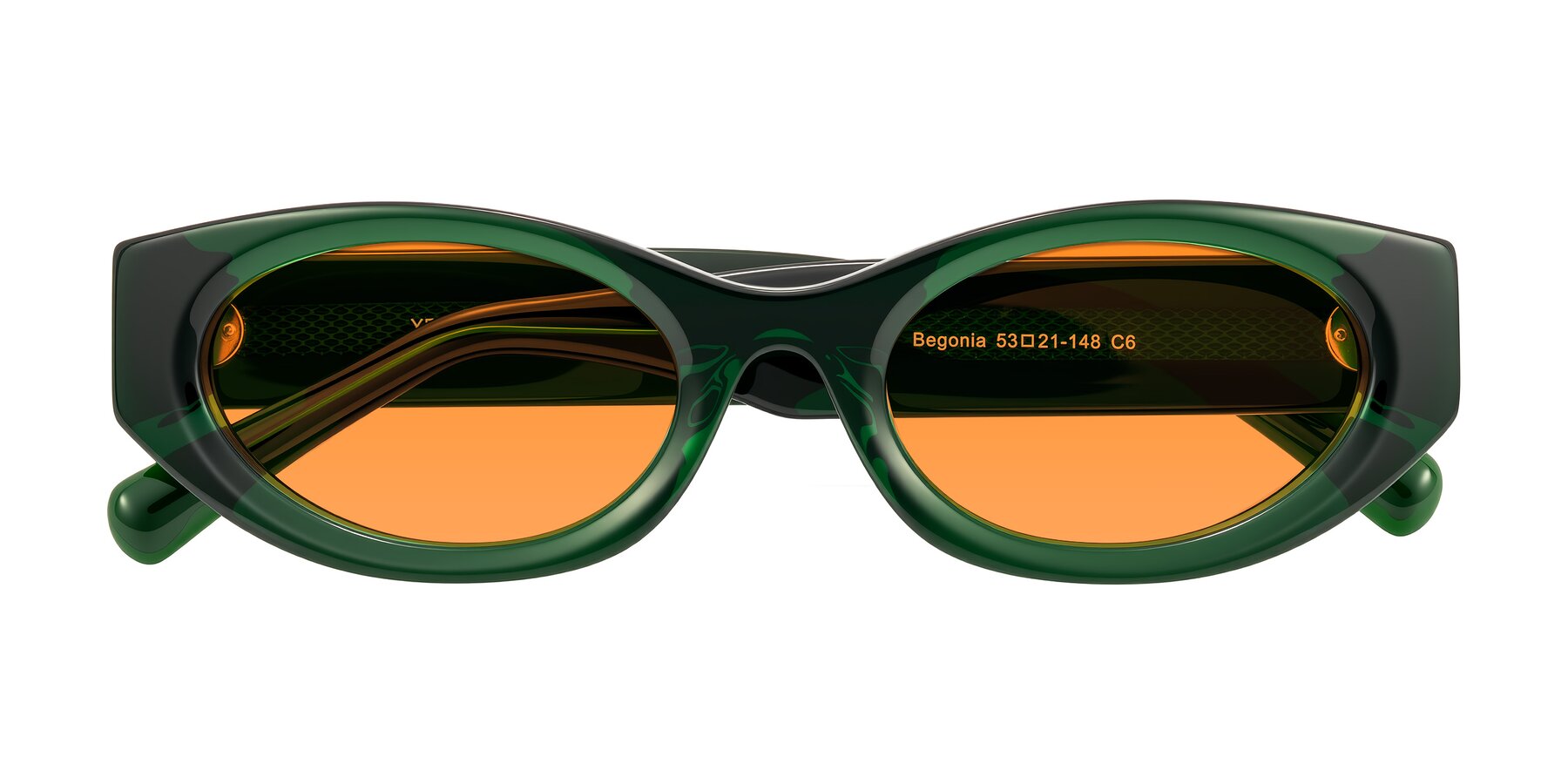 Folded Front of Begonia in Deep Crystal Green with Orange Tinted Lenses