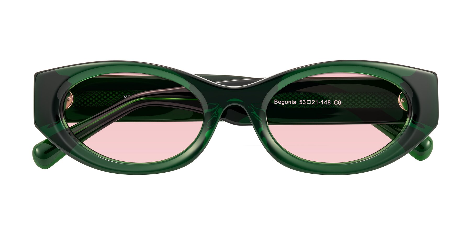 Folded Front of Begonia in Deep Crystal Green with Light Garnet Tinted Lenses