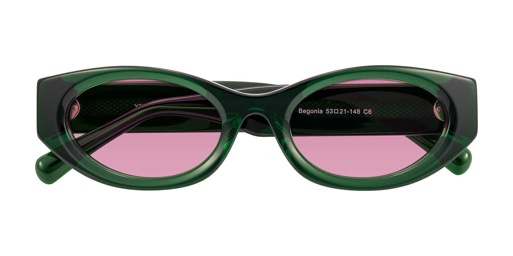 Folded Front of Begonia in Deep Crystal Green with Medium Wine Tinted Lenses