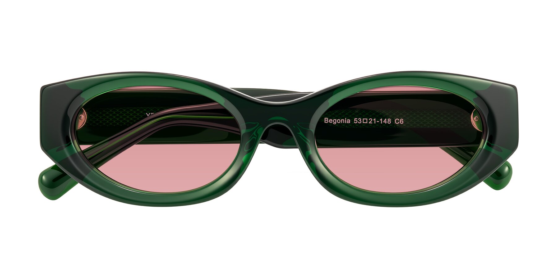 Folded Front of Begonia in Deep Crystal Green with Medium Garnet Tinted Lenses
