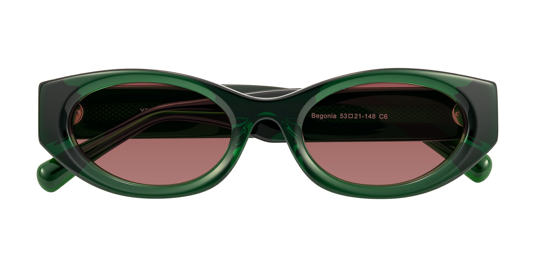 Folded Front of Begonia in Deep Crystal Green with Garnet Tinted Lenses