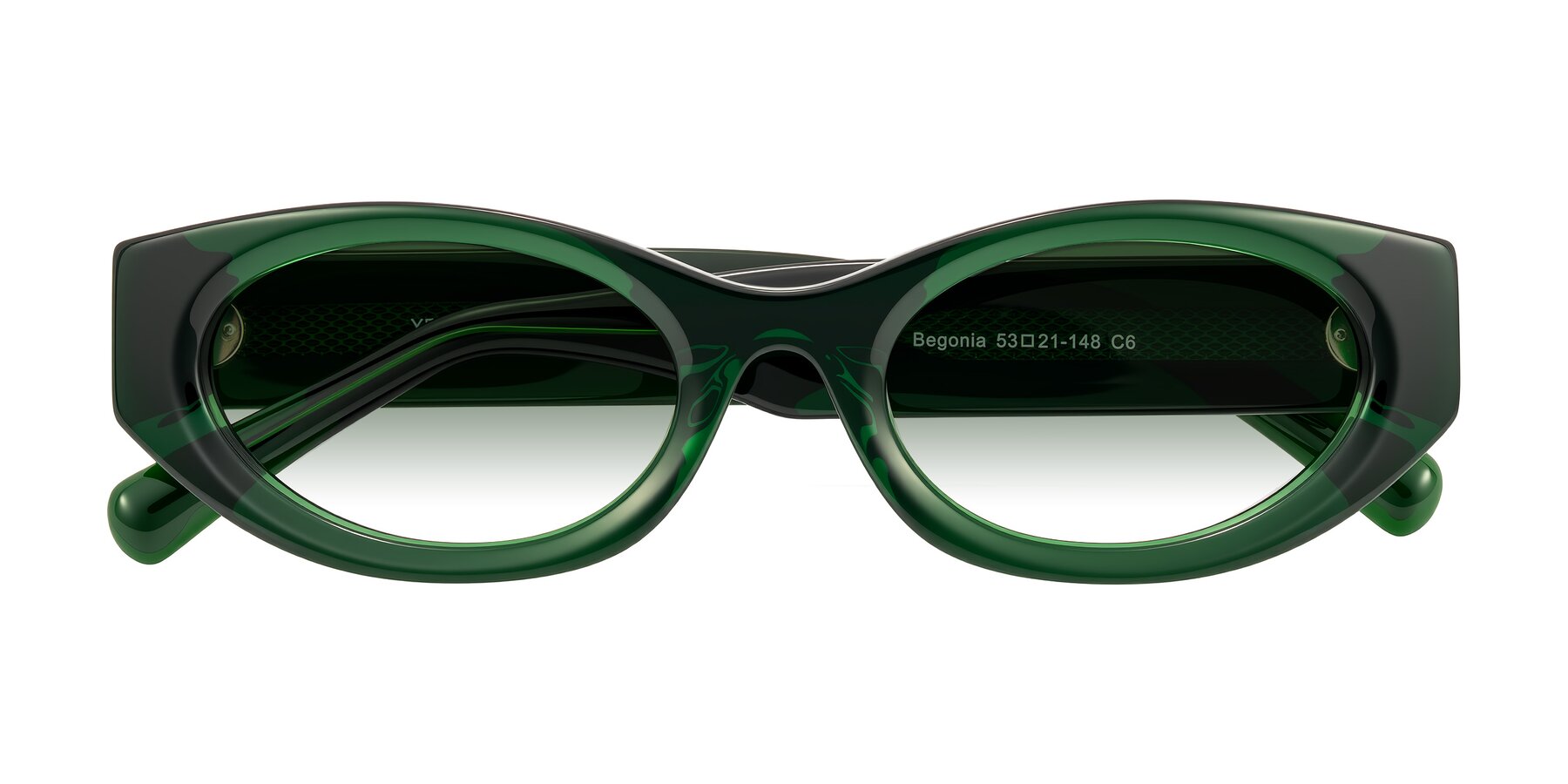Folded Front of Begonia in Deep Crystal Green with Green Gradient Lenses