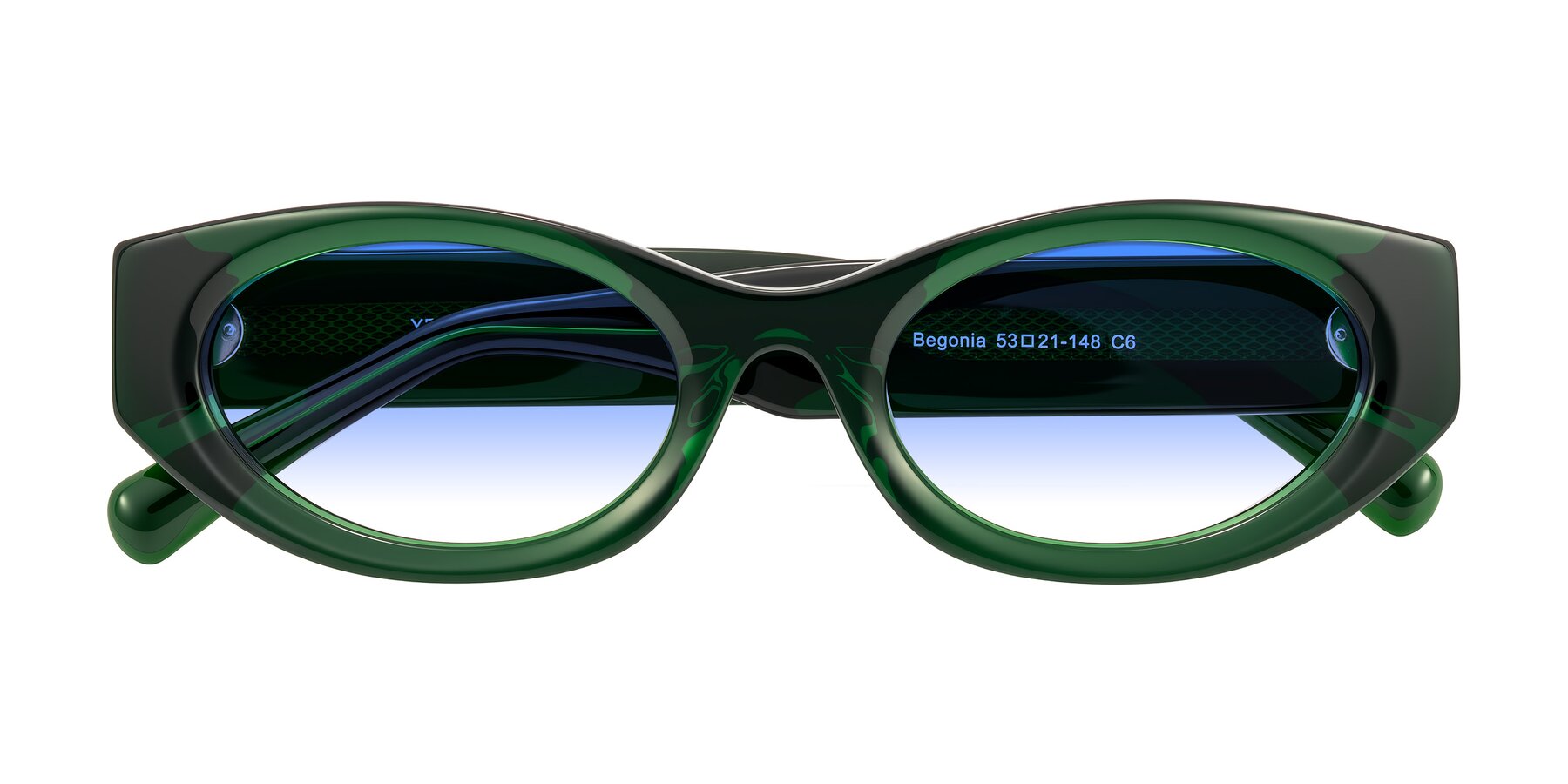 Folded Front of Begonia in Deep Crystal Green with Blue Gradient Lenses