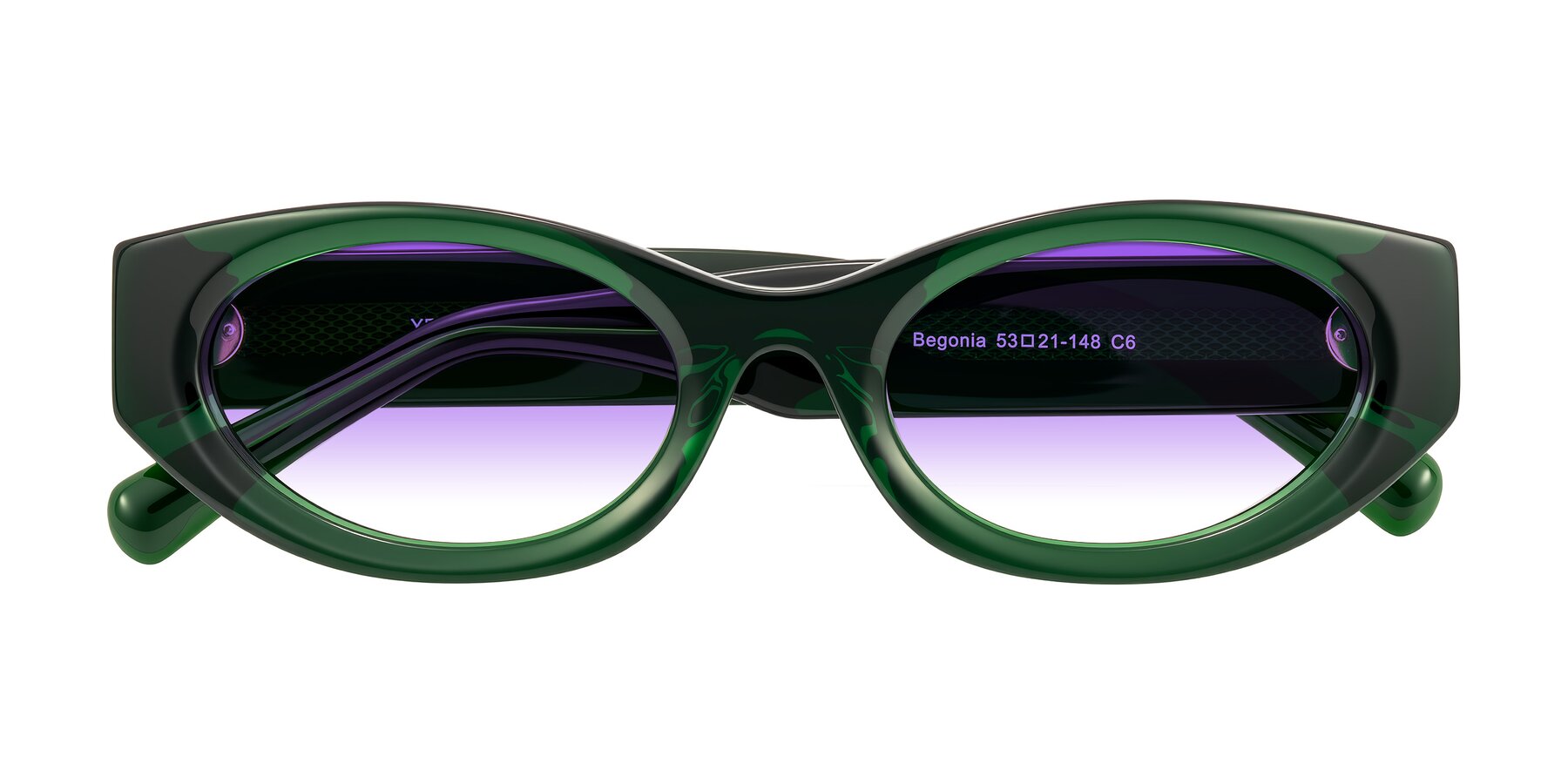 Folded Front of Begonia in Deep Crystal Green with Purple Gradient Lenses