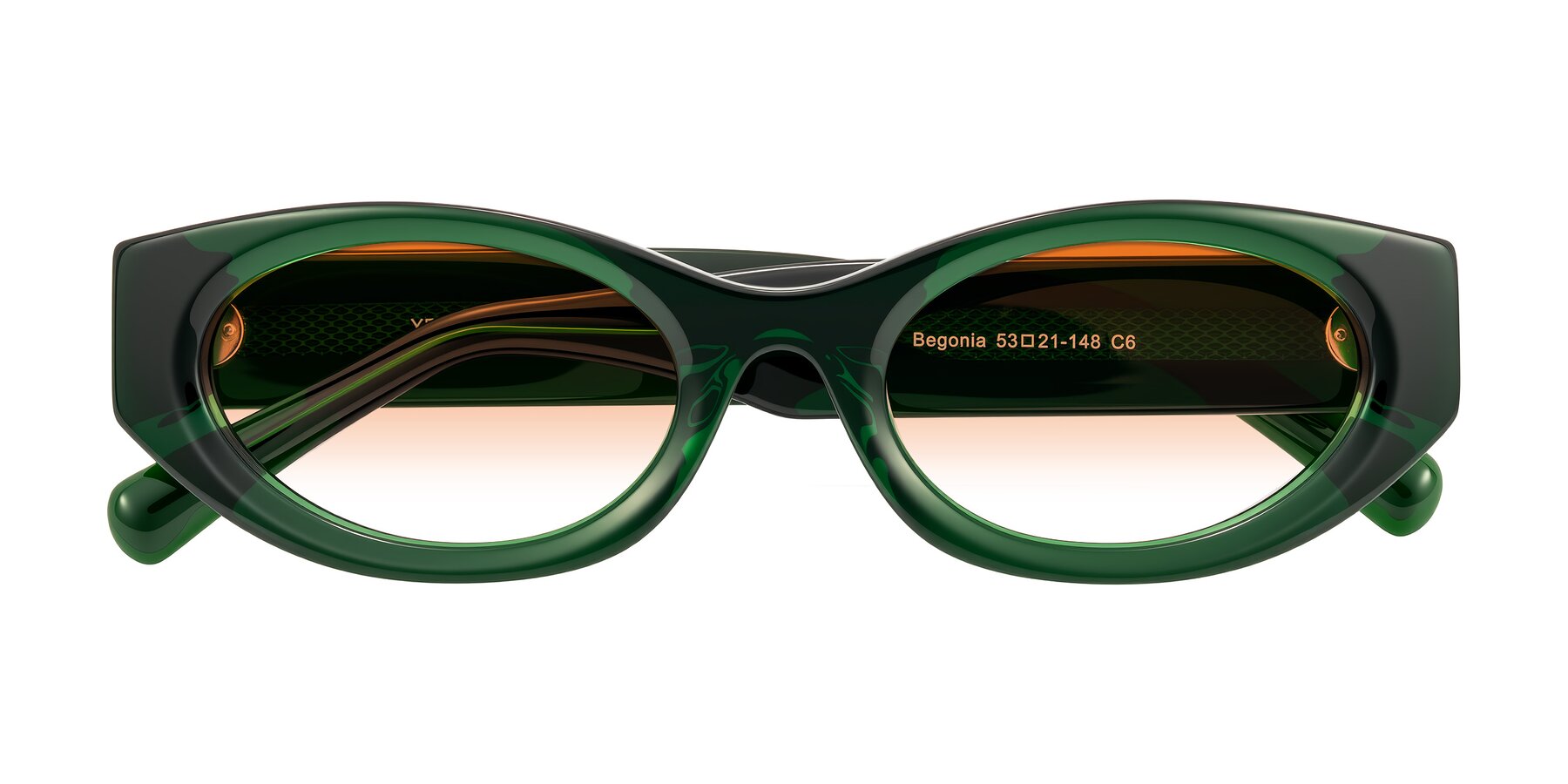 Folded Front of Begonia in Deep Crystal Green with Orange Gradient Lenses