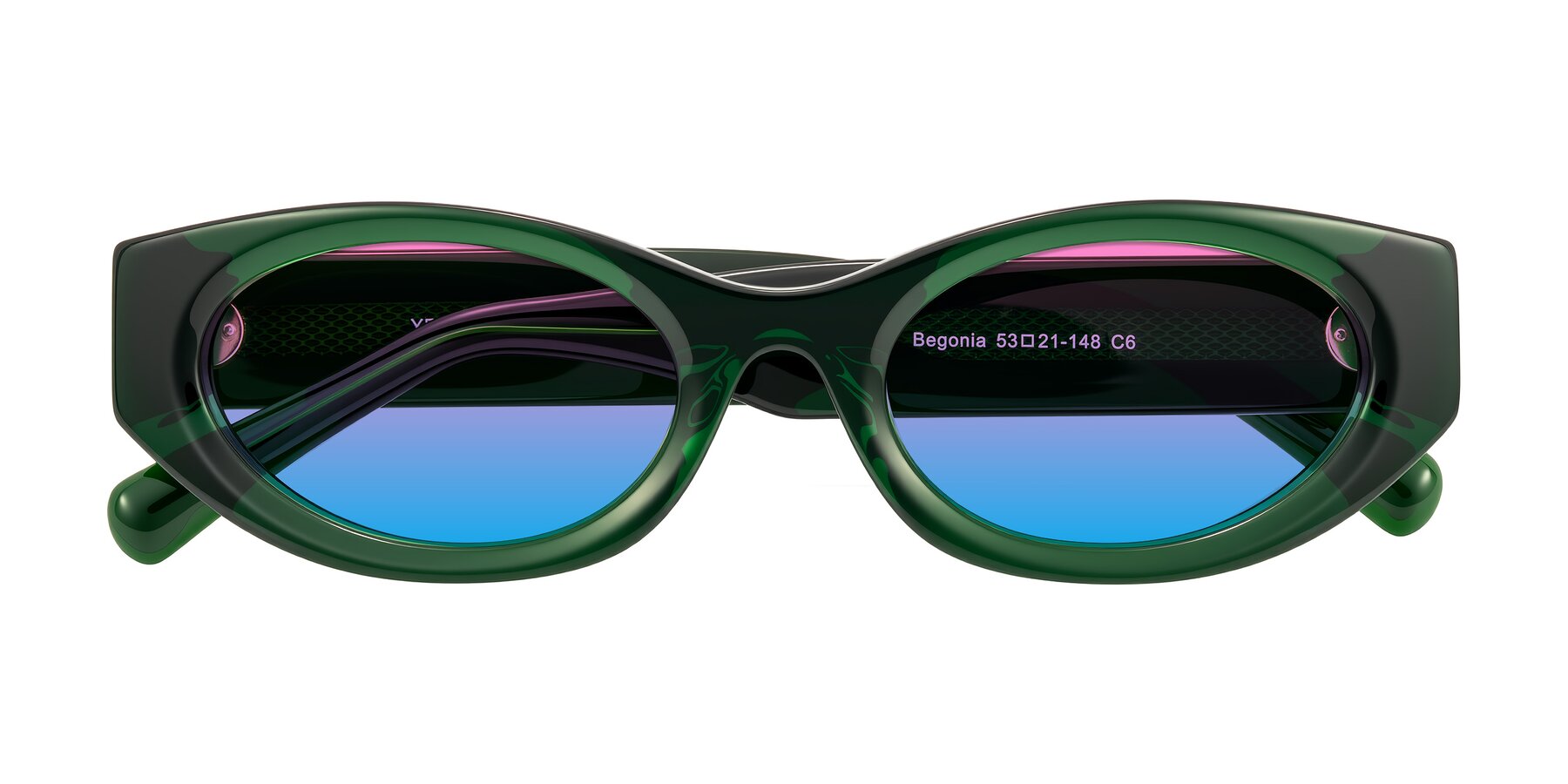 Folded Front of Begonia in Deep Crystal Green with Pink / Blue Gradient Lenses