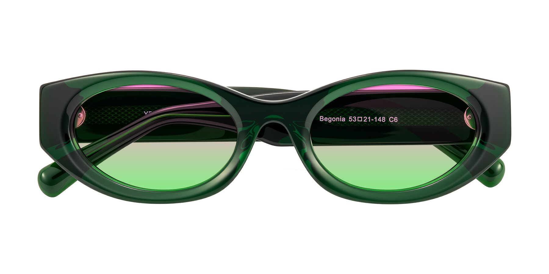 Folded Front of Begonia in Deep Crystal Green with Pink / Green Gradient Lenses