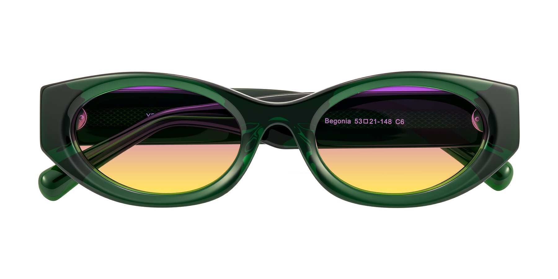 Folded Front of Begonia in Deep Crystal Green with Purple / Yellow Gradient Lenses