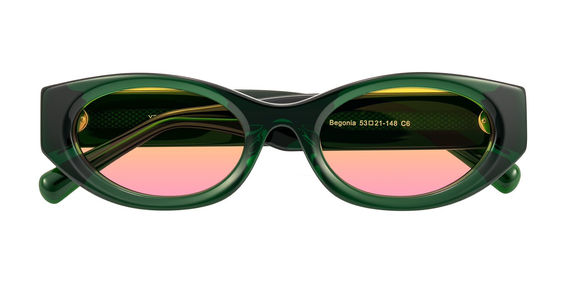 Folded Front of Begonia in Deep Crystal Green with Yellow / Pink Gradient Lenses