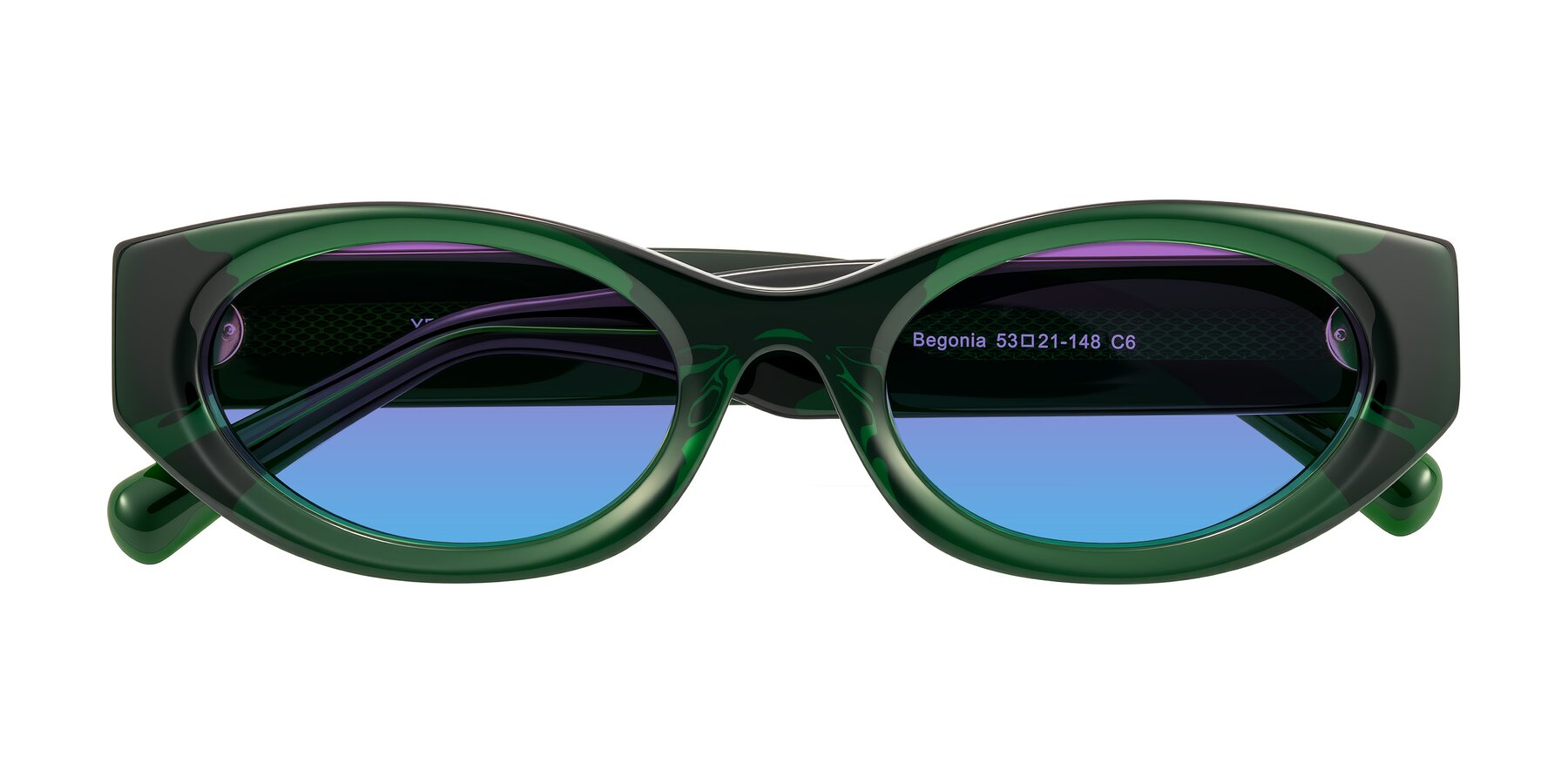 Folded Front of Begonia in Deep Crystal Green with Purple / Blue Gradient Lenses