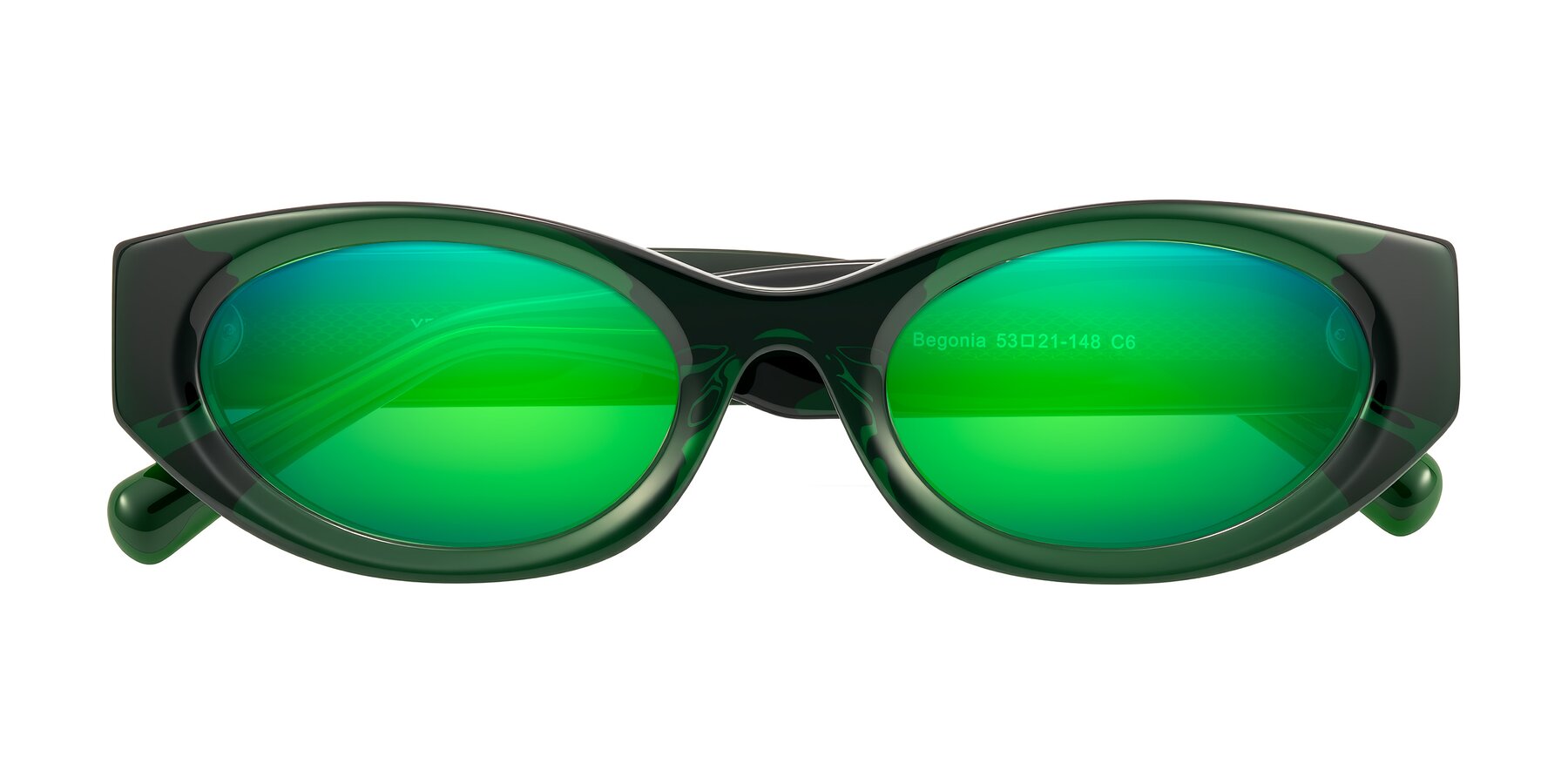 Folded Front of Begonia in Deep Crystal Green with Green Mirrored Lenses