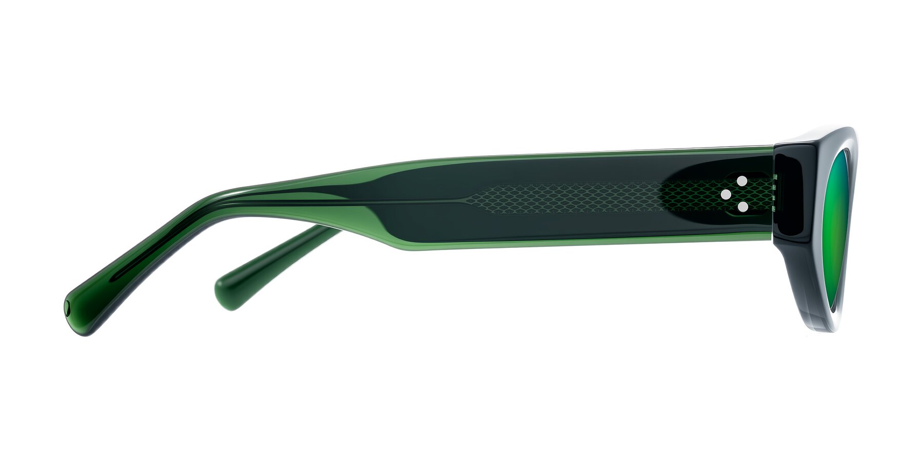 Side of Begonia in Deep Crystal Green with Green Mirrored Lenses