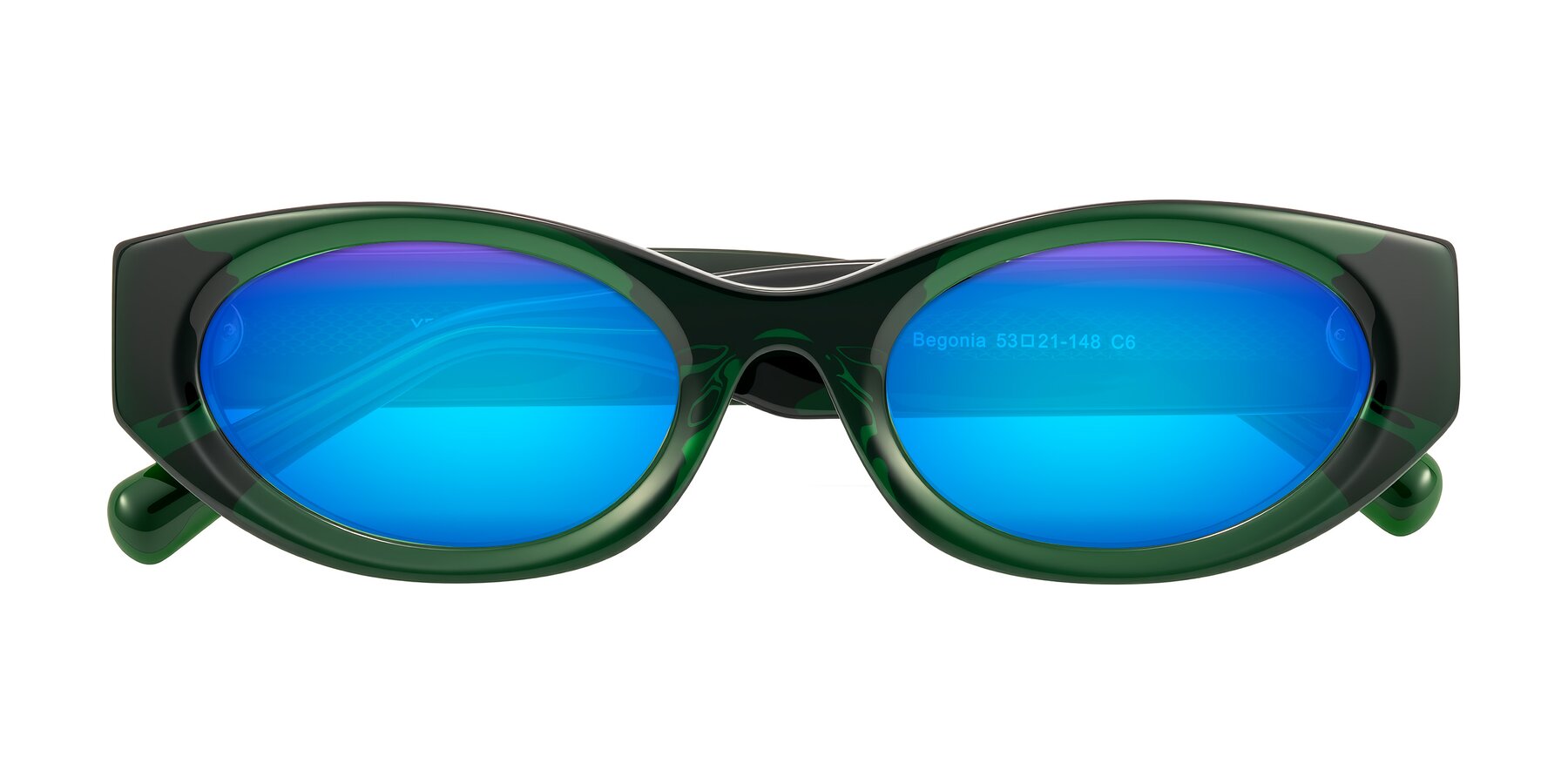 Folded Front of Begonia in Deep Crystal Green with Blue Mirrored Lenses