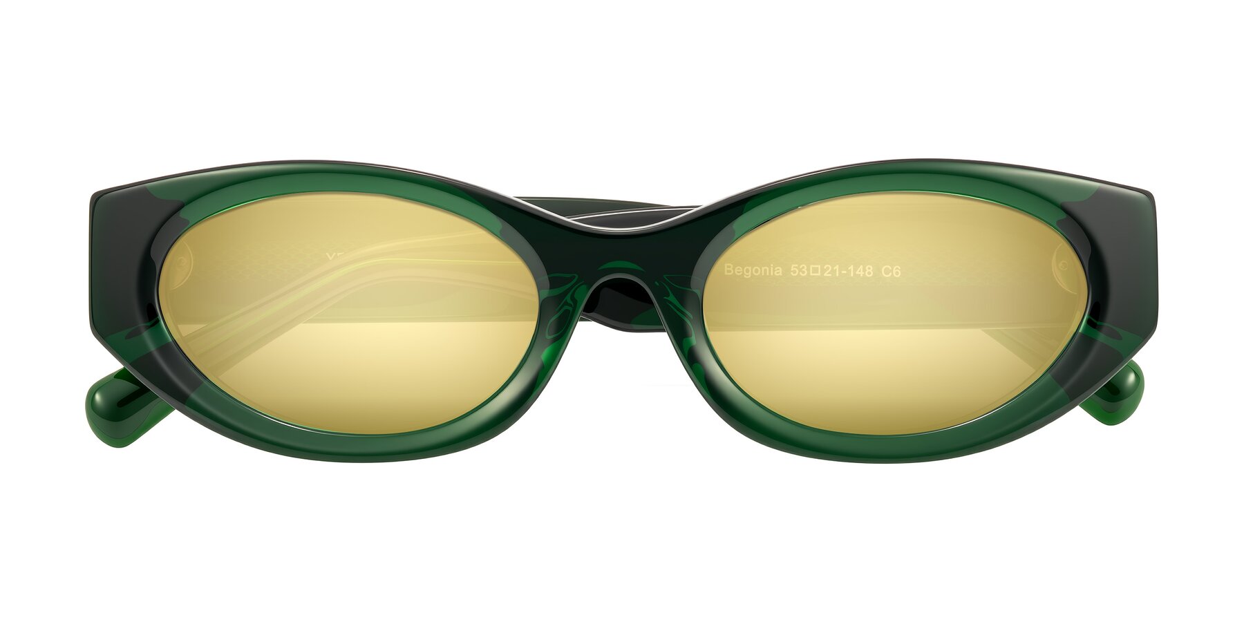 Folded Front of Begonia in Deep Crystal Green with Gold Mirrored Lenses