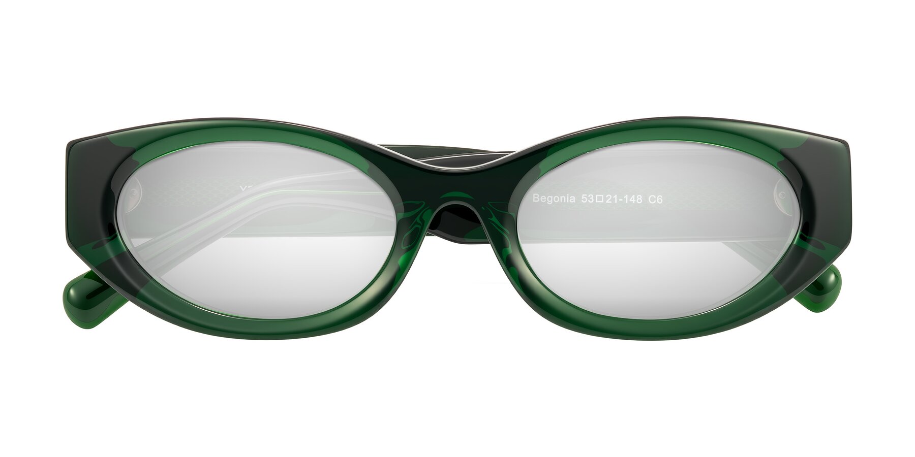 Folded Front of Begonia in Deep Crystal Green with Silver Mirrored Lenses