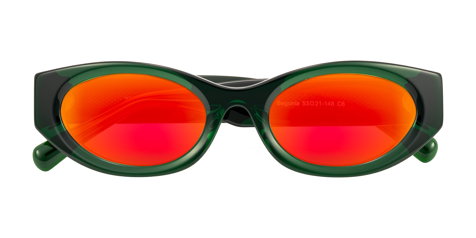 Folded Front of Begonia in Deep Crystal Green with Red Gold Mirrored Lenses