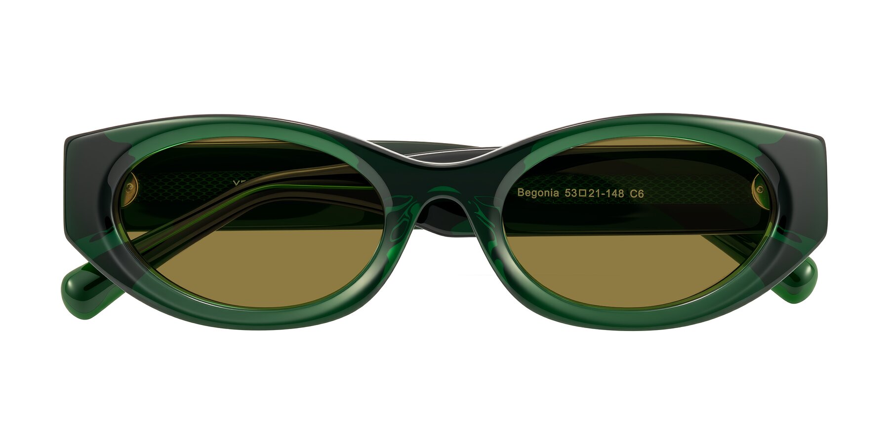 Folded Front of Begonia in Deep Crystal Green with Brown Polarized Lenses