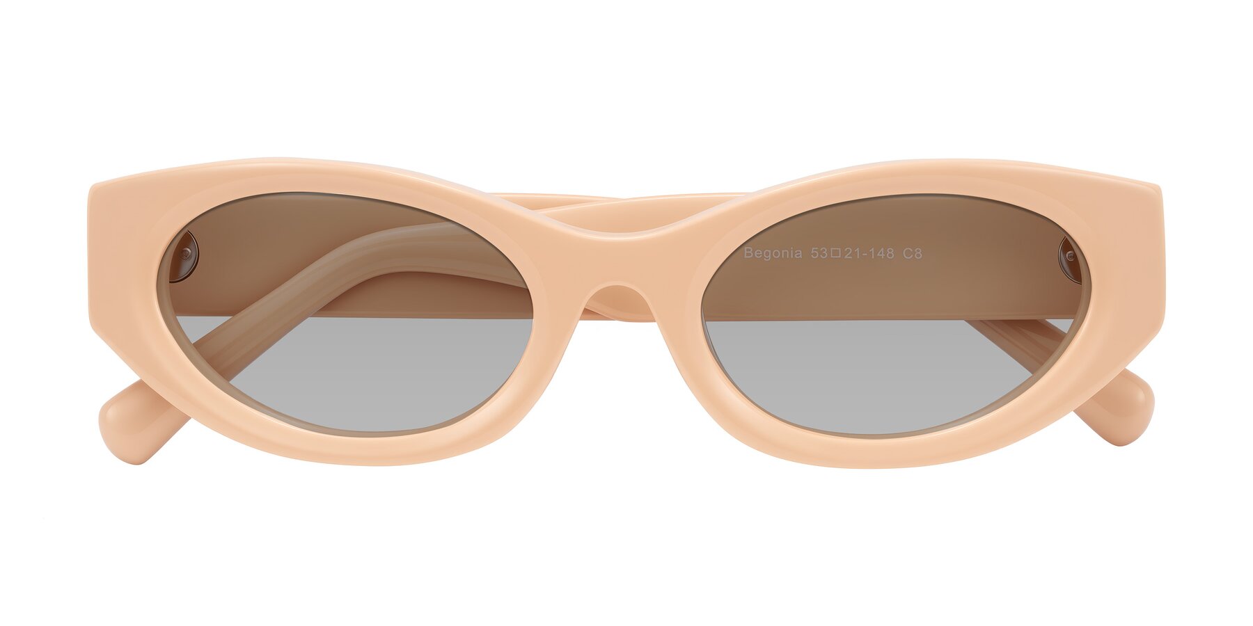 Folded Front of Begonia in Pale Salmon with Light Gray Tinted Lenses