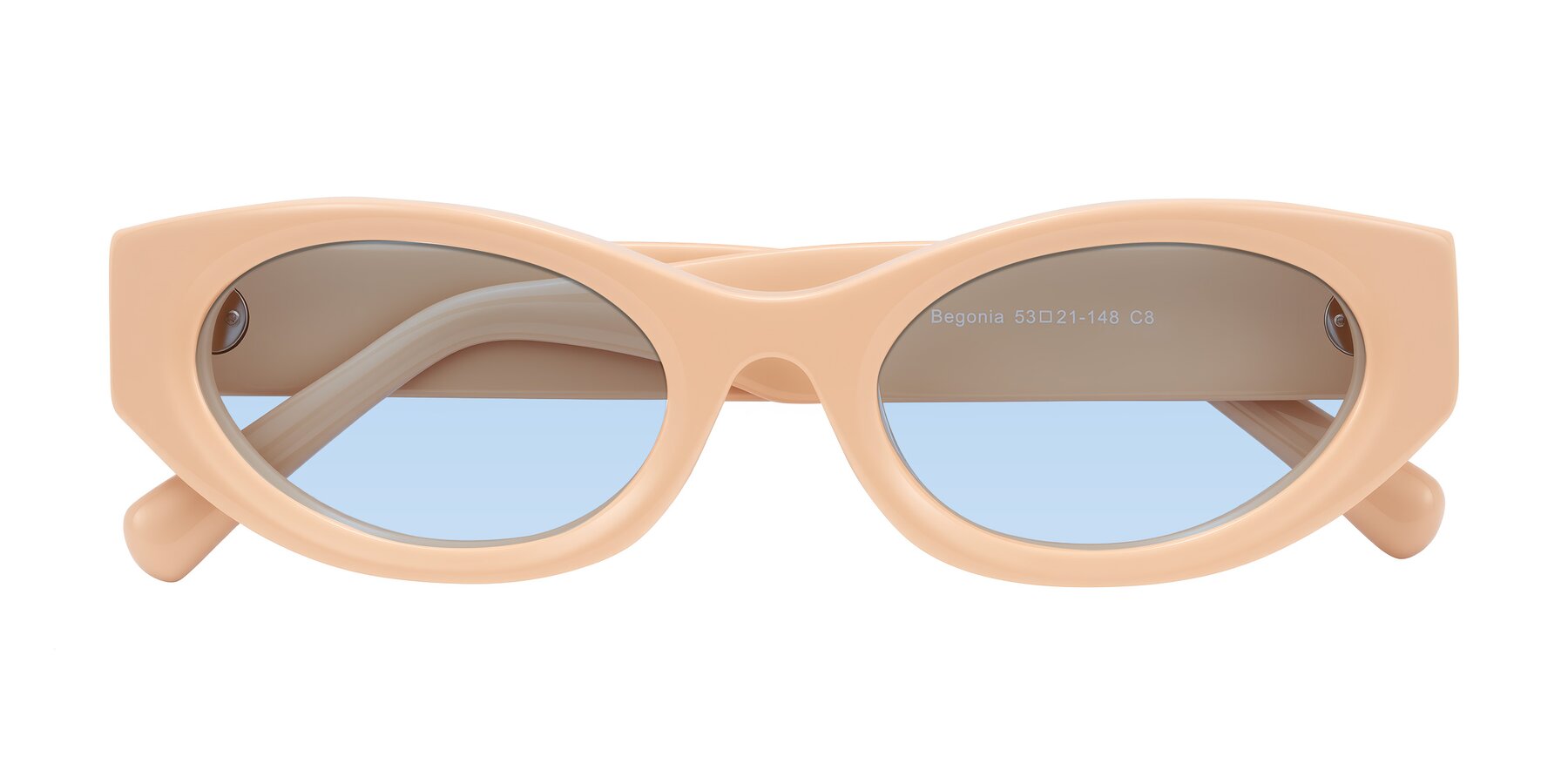 Folded Front of Begonia in Pale Salmon with Light Blue Tinted Lenses
