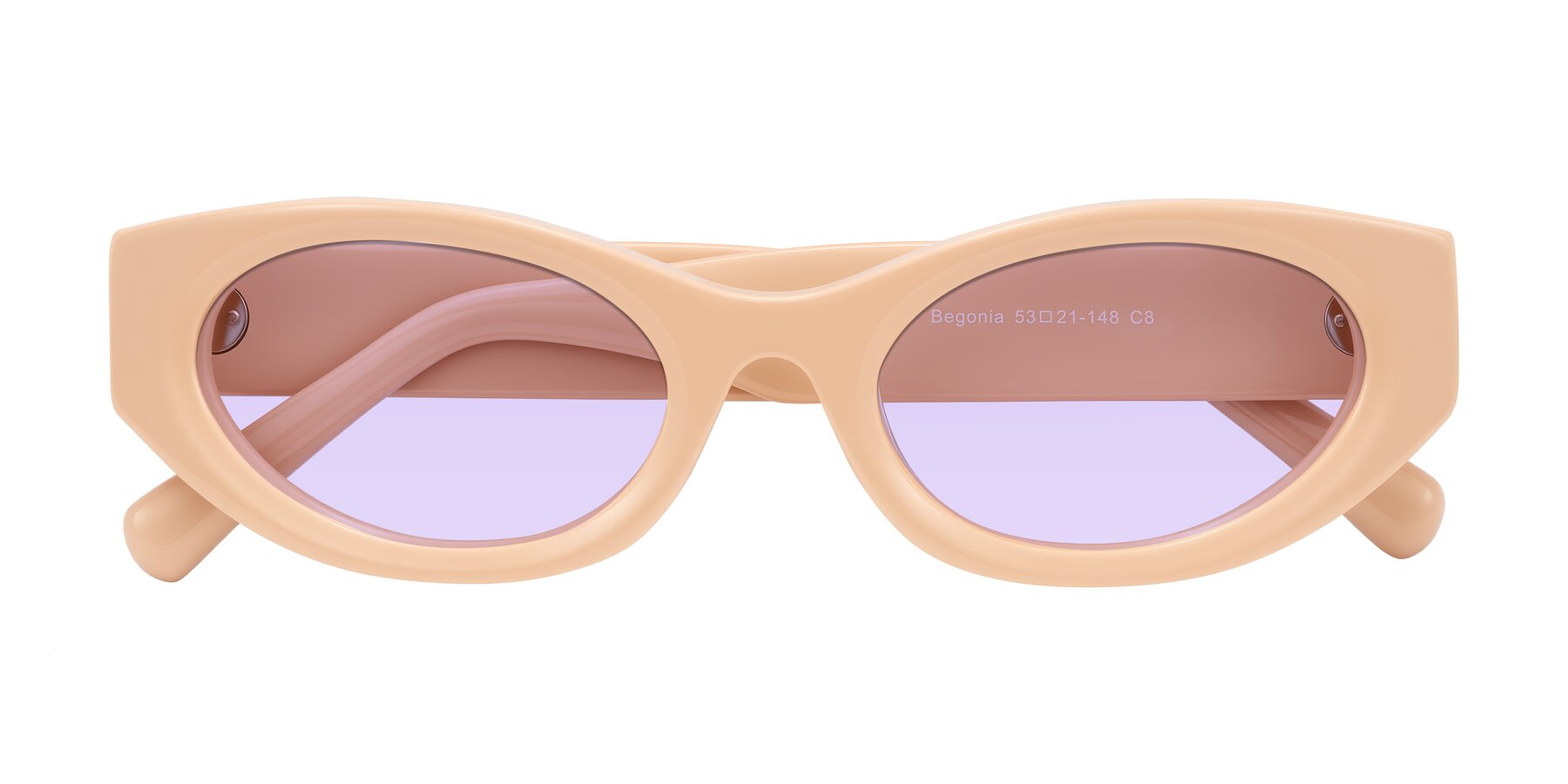Folded Front of Begonia in Pale Salmon with Light Purple Tinted Lenses