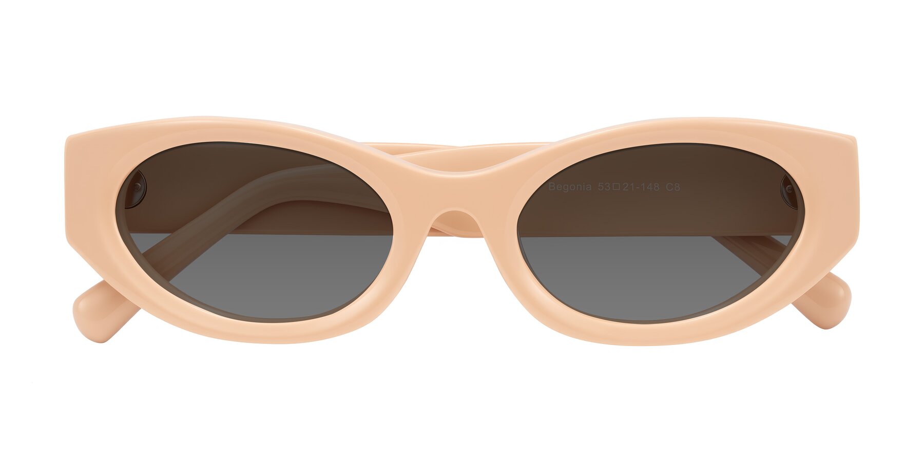 Folded Front of Begonia in Pale Salmon with Medium Gray Tinted Lenses