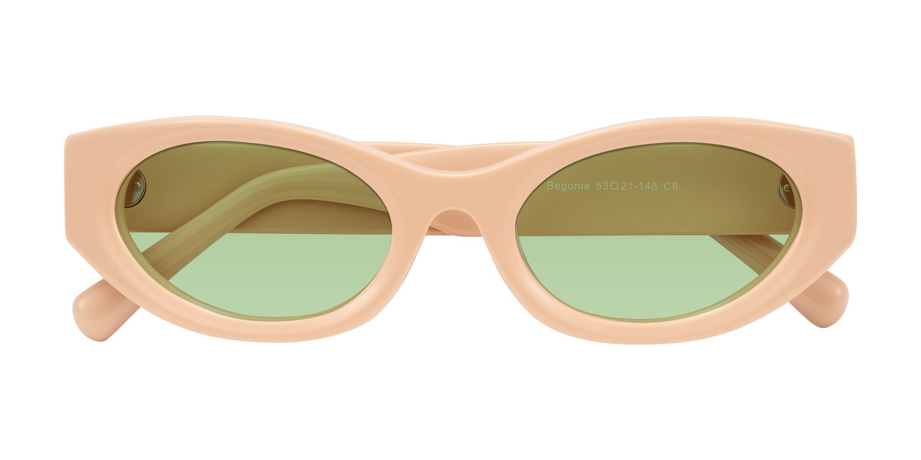 Folded Front of Begonia in Pale Salmon with Medium Green Tinted Lenses