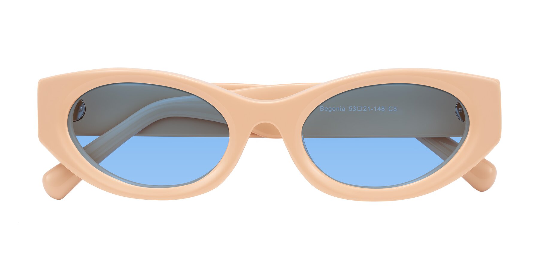 Folded Front of Begonia in Pale Salmon with Medium Blue Tinted Lenses