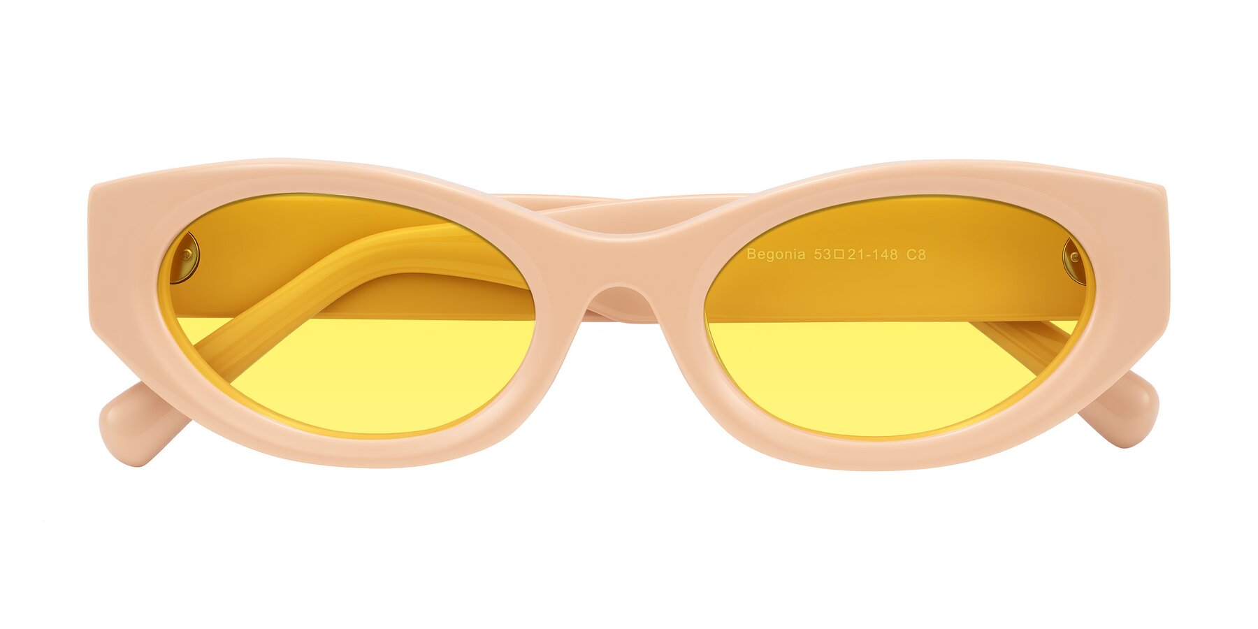 Folded Front of Begonia in Pale Salmon with Medium Yellow Tinted Lenses
