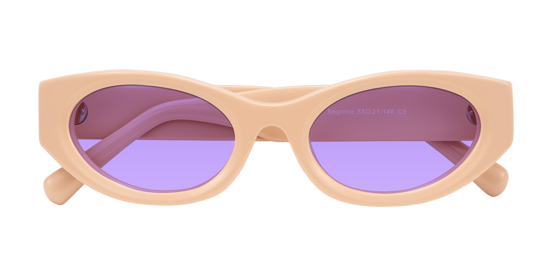 Folded Front of Begonia in Pale Salmon with Medium Purple Tinted Lenses