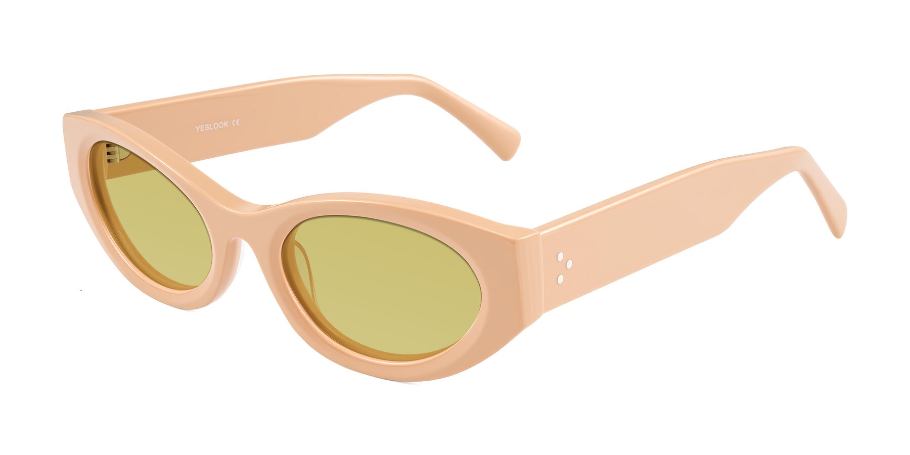 Angle of Begonia in Pale Salmon with Medium Champagne Tinted Lenses