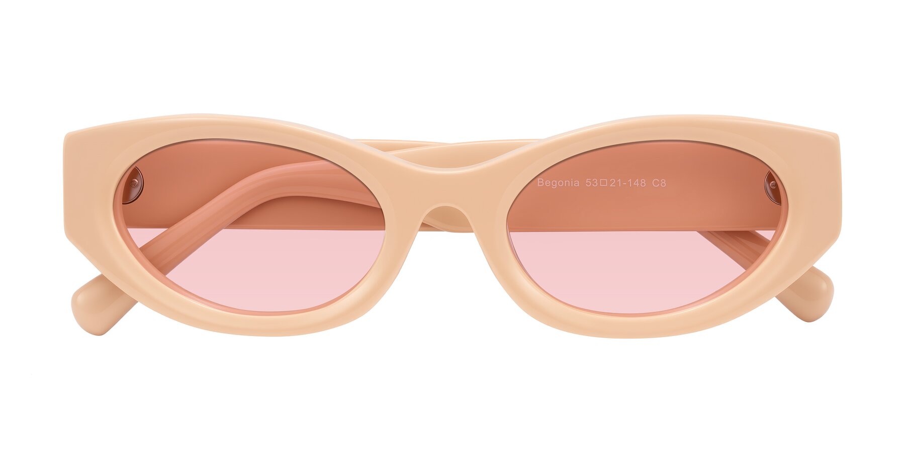 Folded Front of Begonia in Pale Salmon with Light Garnet Tinted Lenses