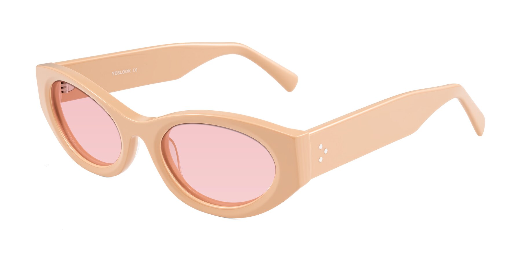Angle of Begonia in Pale Salmon with Light Garnet Tinted Lenses