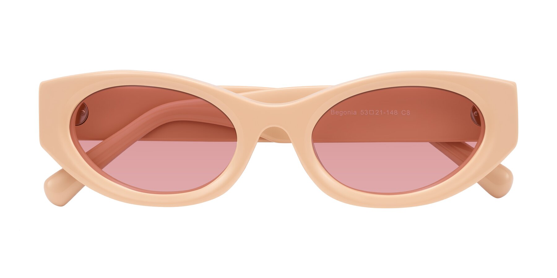 Folded Front of Begonia in Pale Salmon with Medium Garnet Tinted Lenses