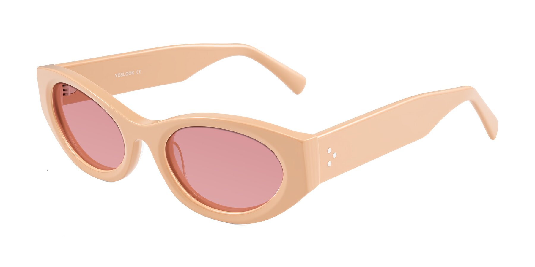 Angle of Begonia in Pale Salmon with Medium Garnet Tinted Lenses