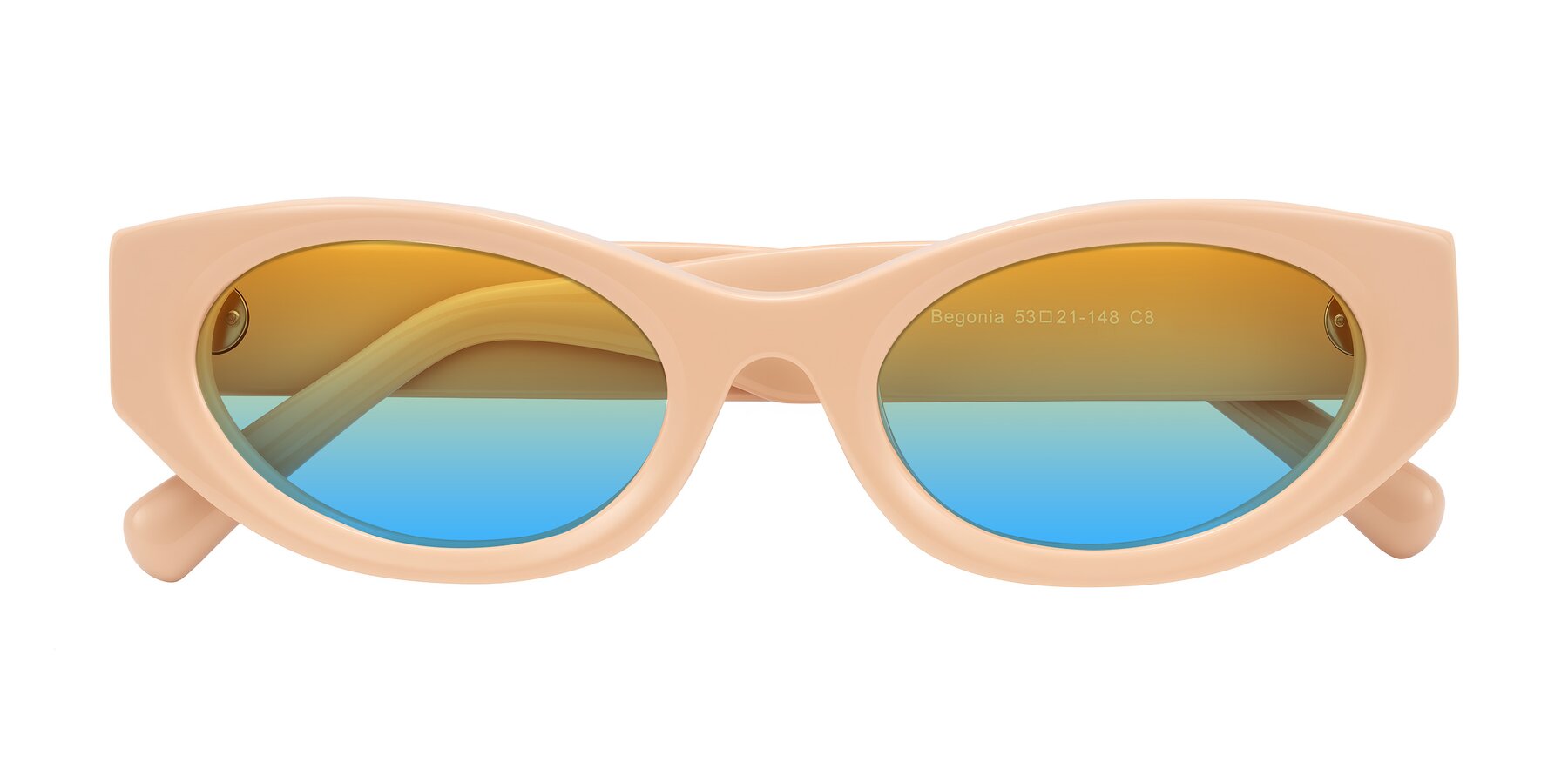 Folded Front of Begonia in Pale Salmon with Yellow / Blue Gradient Lenses