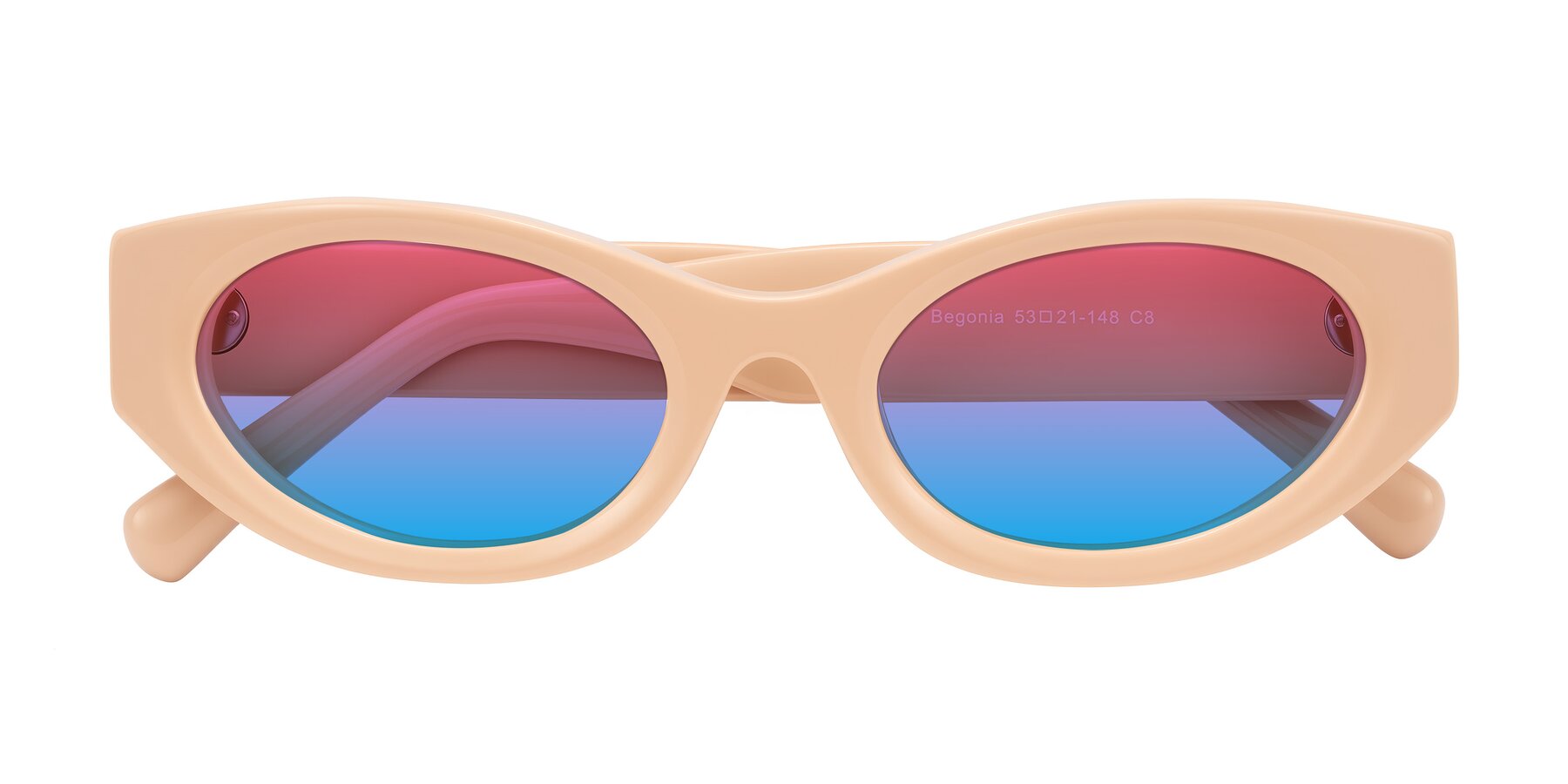 Folded Front of Begonia in Pale Salmon with Pink / Blue Gradient Lenses