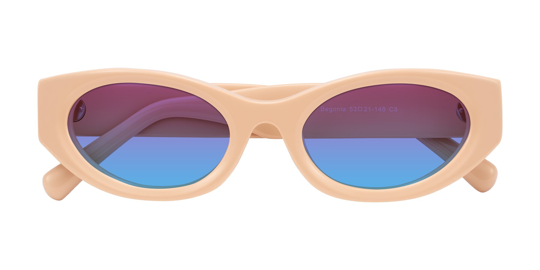 Folded Front of Begonia in Pale Salmon with Purple / Blue Gradient Lenses