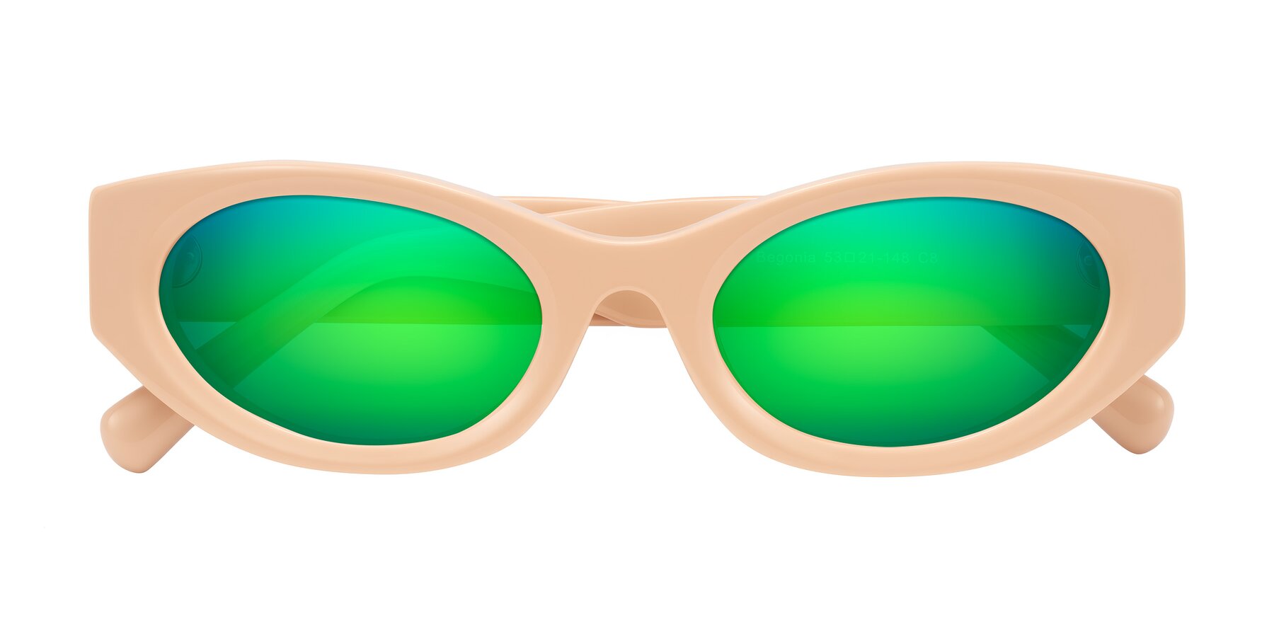 Folded Front of Begonia in Pale Salmon with Green Mirrored Lenses