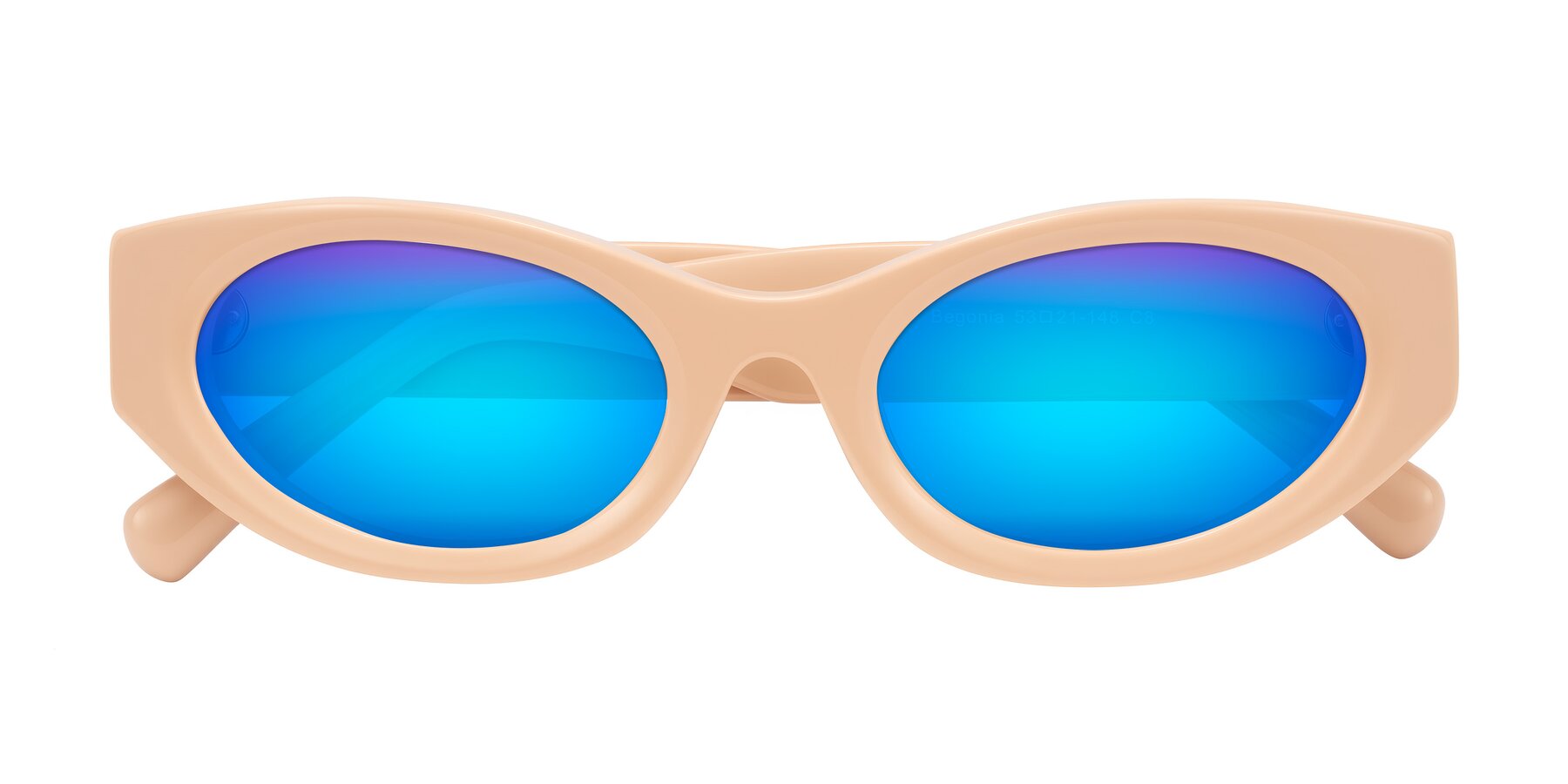 Folded Front of Begonia in Pale Salmon with Blue Mirrored Lenses