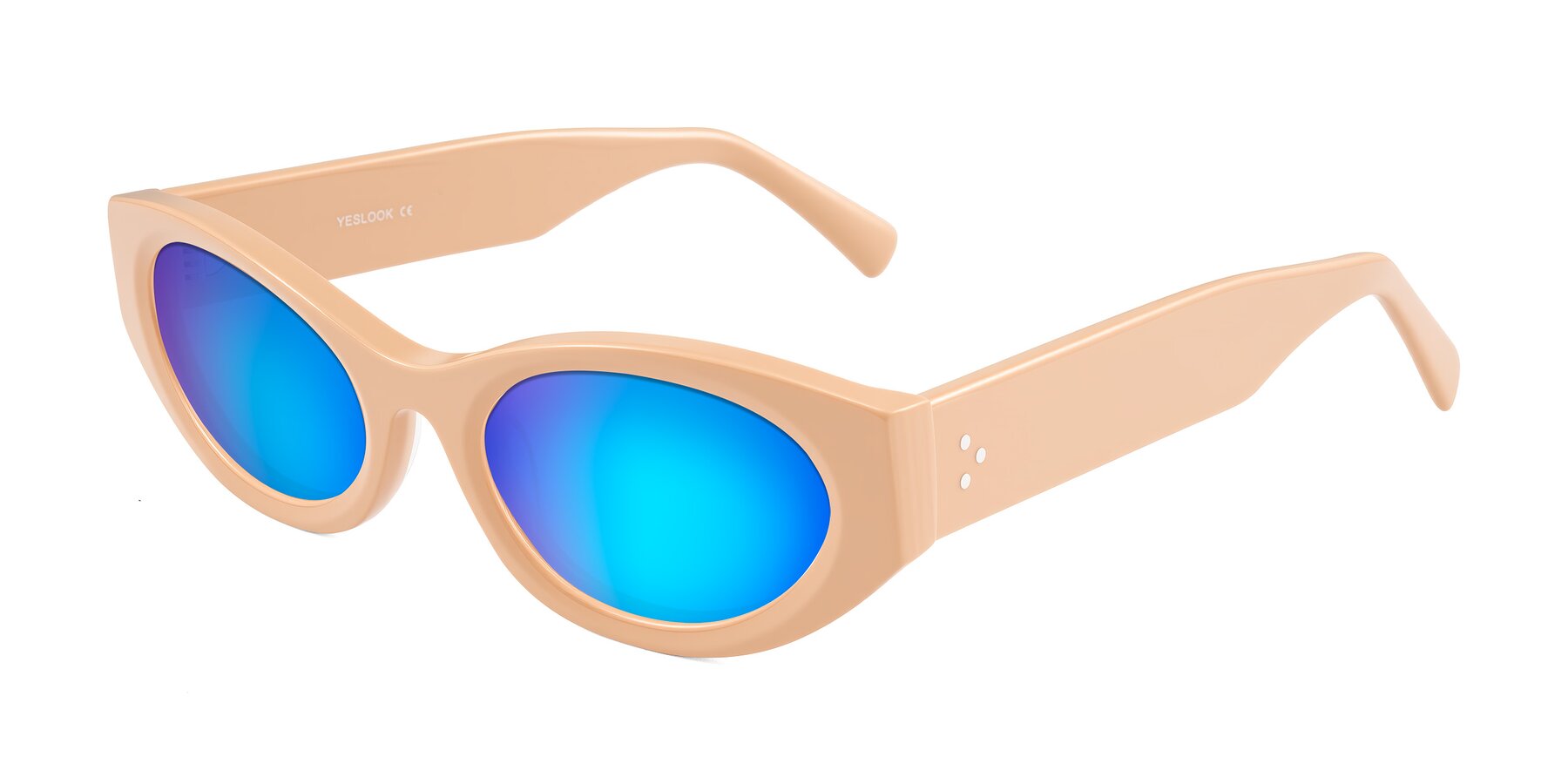 Angle of Begonia in Pale Salmon with Blue Mirrored Lenses